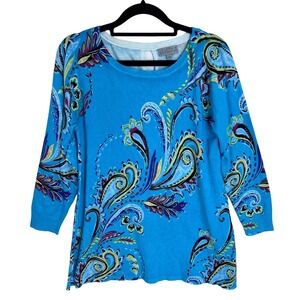 Joseph A Blue Paisley 3/4 Sleeve Knit Sweater Top career casual Size S‎